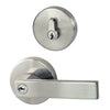 Product image of the Brushed Nickel Nidus Lonsdale Door Lever Round Combo Entrance Set on a white background.