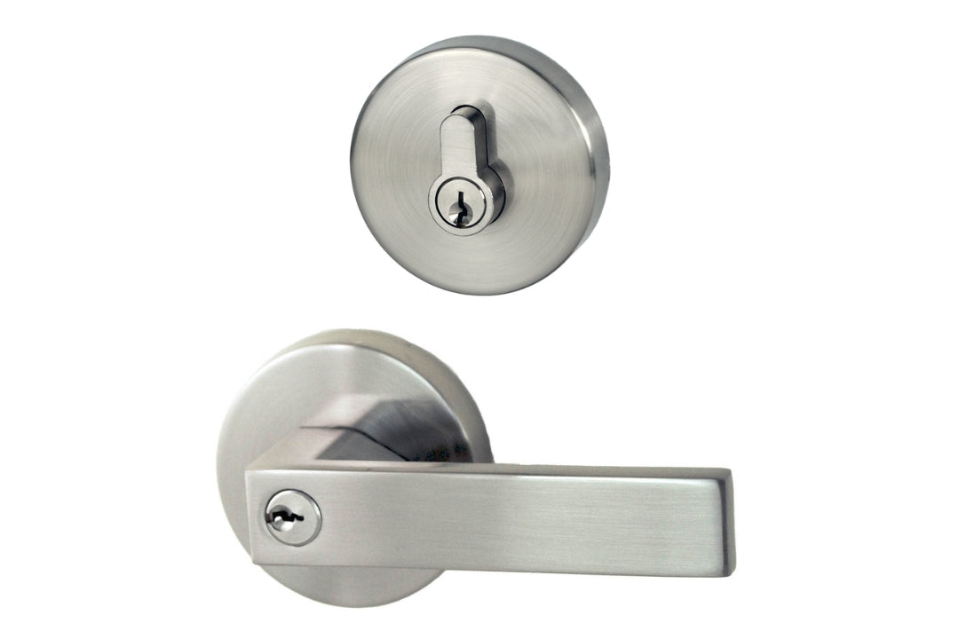 Product image of the Brushed Nickel Nidus Lonsdale Door Lever Round Combo Entrance Set on a white background.