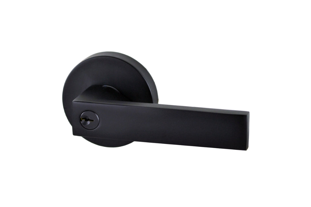 Product image of the Matt Black Nidus Lonsdale Lever on Round Rose Entrance Set on a white background.