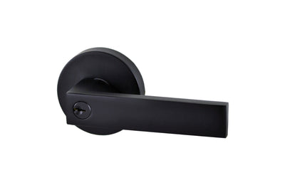 Product image of the Matt Black Nidus Lonsdale Lever on Round Rose Entrance Set on a white background.