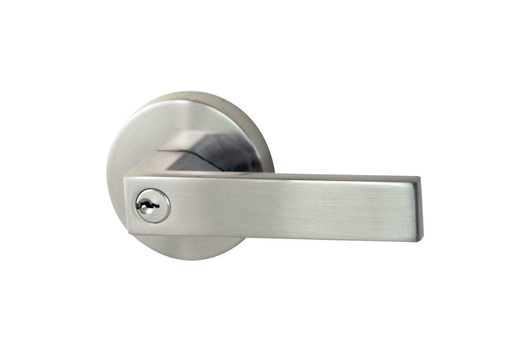 Product image of the Brushed Nickel Nidus Lonsdale Lever on Round Rose Entrance Set on a white background.