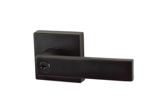 Product image of the Matt Black Nidus Lonsdale Lever on Square Rose Entrance Set on a white background.