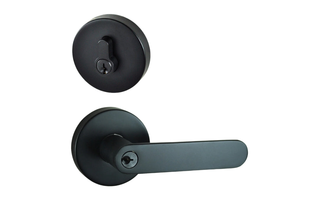 Image of the Matt Black Nidus Spring Door Lever Round Combo Entrance Set on a white background.