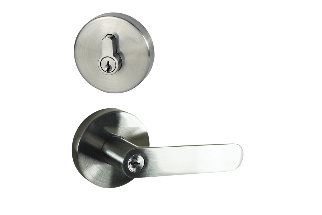 Image of the Brushed Nickel Nidus Spring Door Lever Round Combo Entrance Set on a white background.