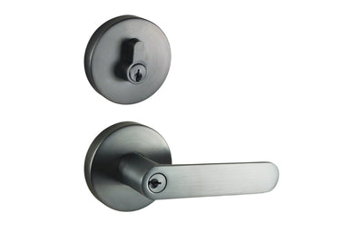 Image of the Graphite Grey Nidus Spring Door Lever Round Combo Entrance Set on a white background.