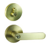 Image of the Satin Brass Nidus Spring Door Lever Round Combo Entrance Set on a white background.