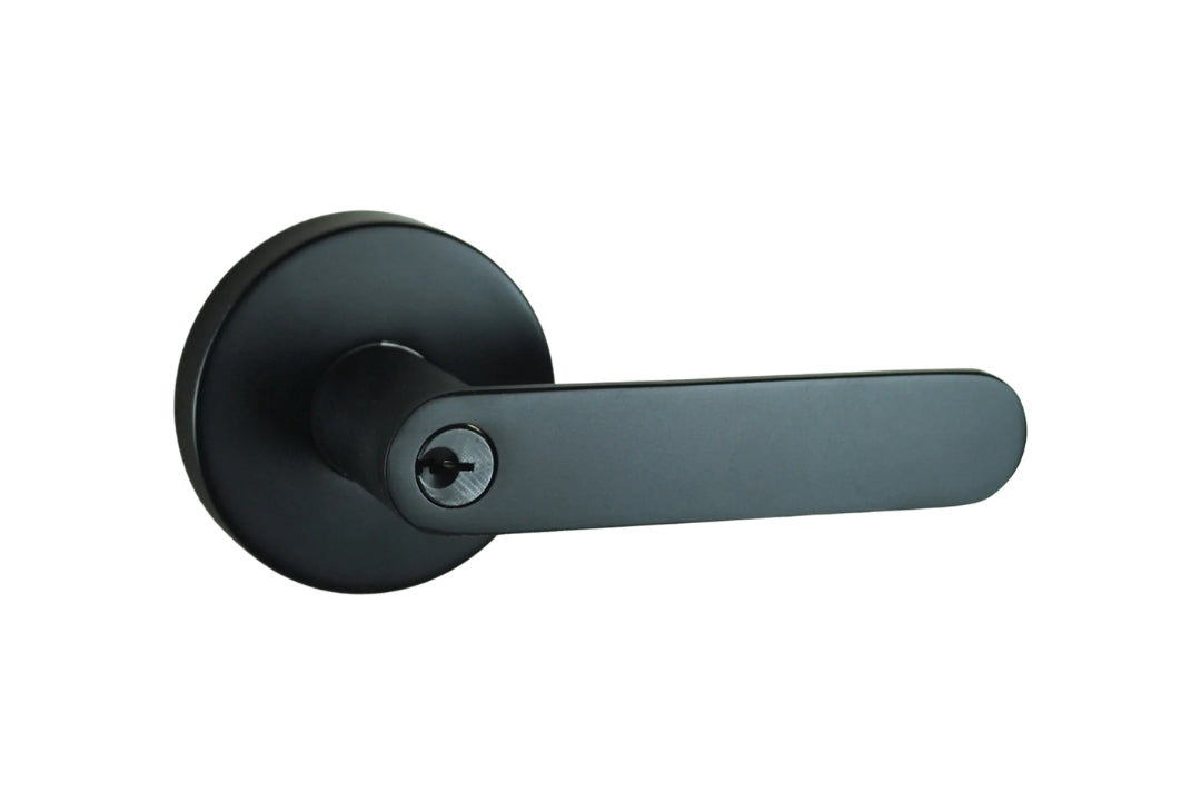 Product image of the Matt Black Nidus Spring Door Lever Round Entrance Set on a white background.