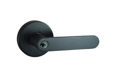 Product image of the Matt Black Nidus Spring Door Lever Round Entrance Set on a white background.