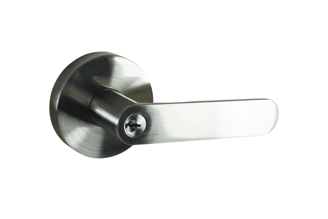 Product image of the Brushed Nickel Nidus Spring Door Lever Round Entrance Set on a white background.