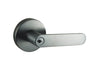 Product image of the Graphite Grey Nidus Spring Door Lever Round Entrance Set on a white background.