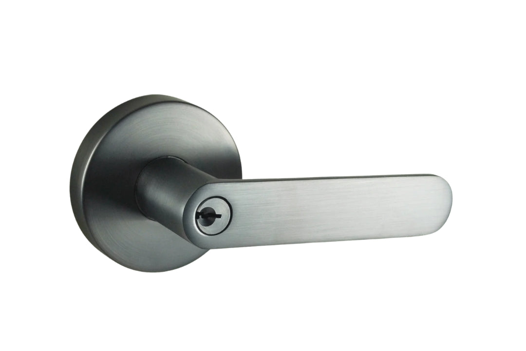 Product image of the Graphite Grey Nidus Spring Door Lever Round Entrance Set on a white background.
