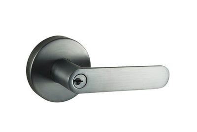Product image of the Graphite Grey Nidus Spring Door Lever Round Entrance Set on a white background.