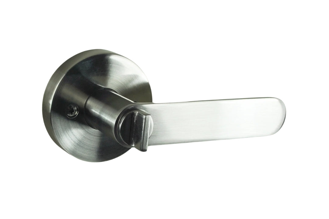 Product picture of the Brushed Nickel Nidus Spring Door Lever Round Privacy Set.