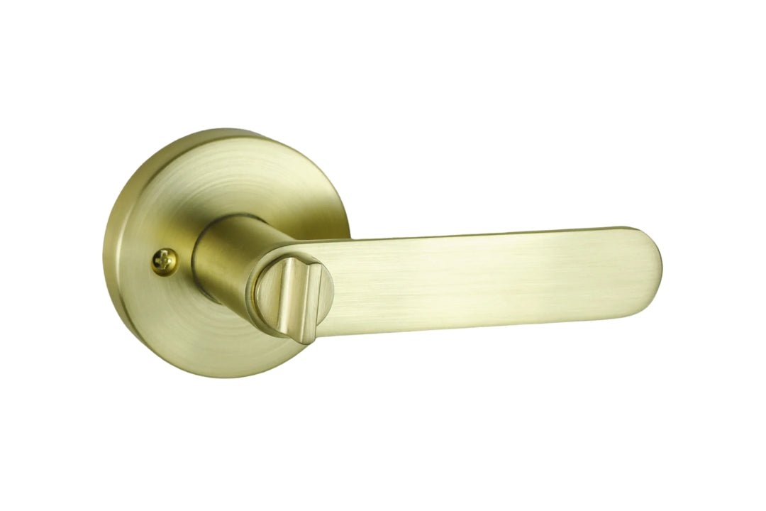 Product picture of the Satin Brass Nidus Spring Door Lever Round Privacy Set.