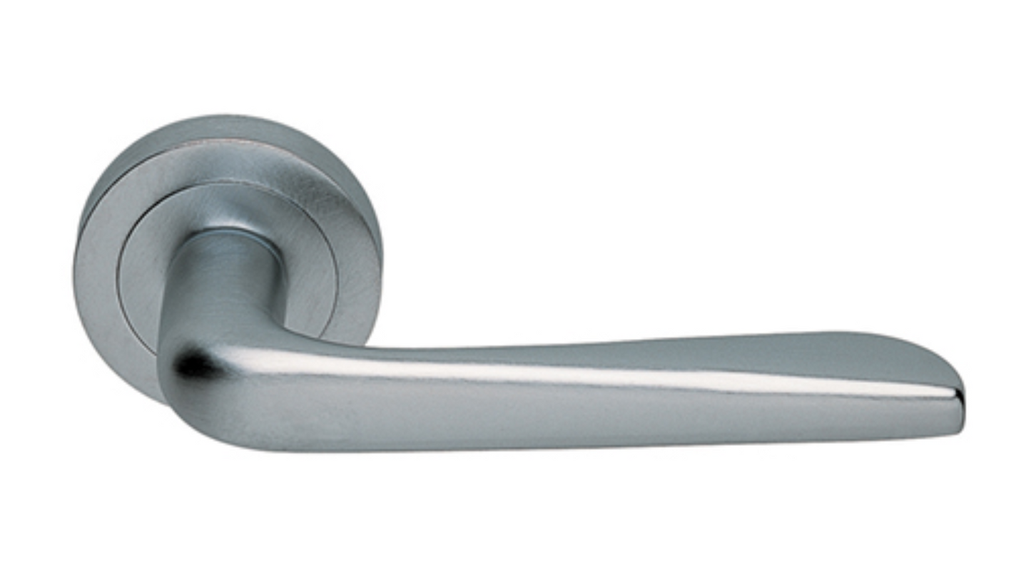 Product picture of the Petra Satin Chrome Door Handle on a white background.
