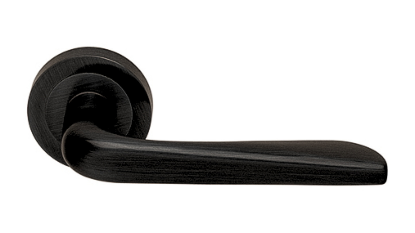 Product picture of the Petra Matt Black Door Handle on a white background.