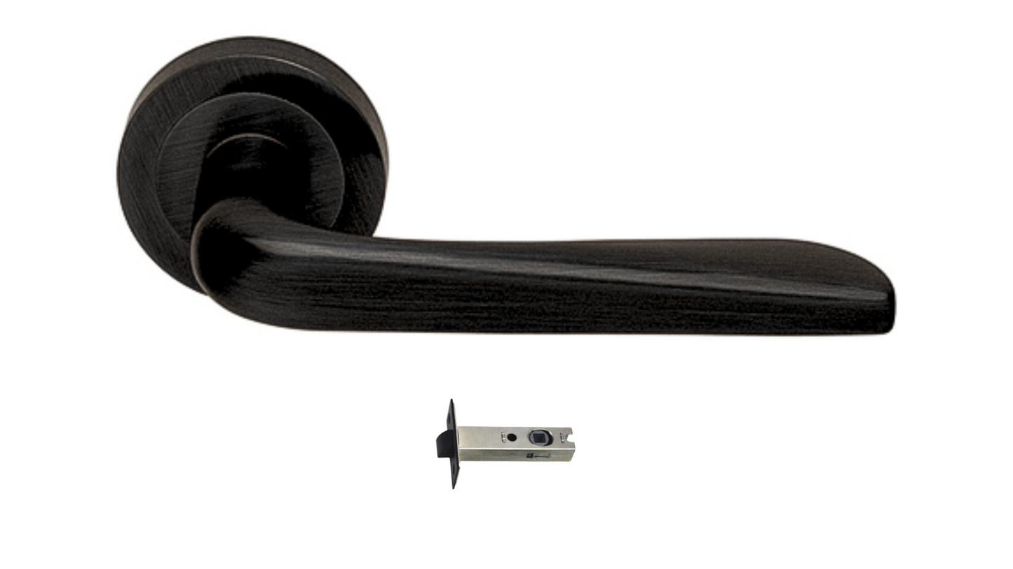 Product picture of the Petra Matt Black Door Handle with separate tubular latch on a white background.