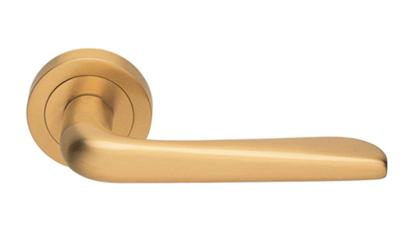 Product picture of the Petra Satin Brass Door Handle on a white background.