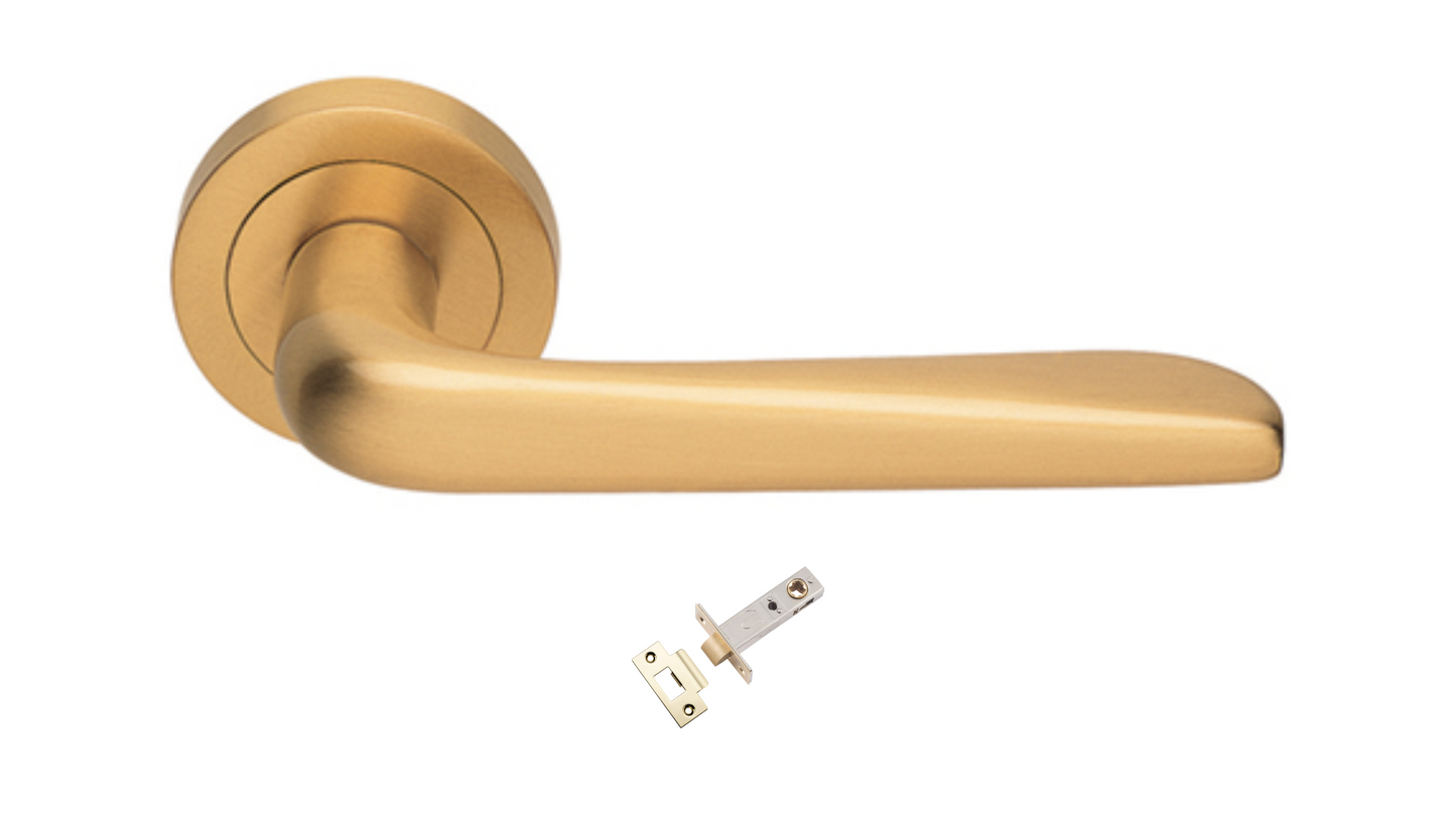 Product picture of the Petra Satin Brass Door Handle with separate tubular latch on a white background.