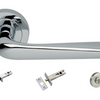 Product picture of the Petra Polished Chrome Door Handle with accessories tubular latch, privacy turn and release, and a privacy bolt on a white background.