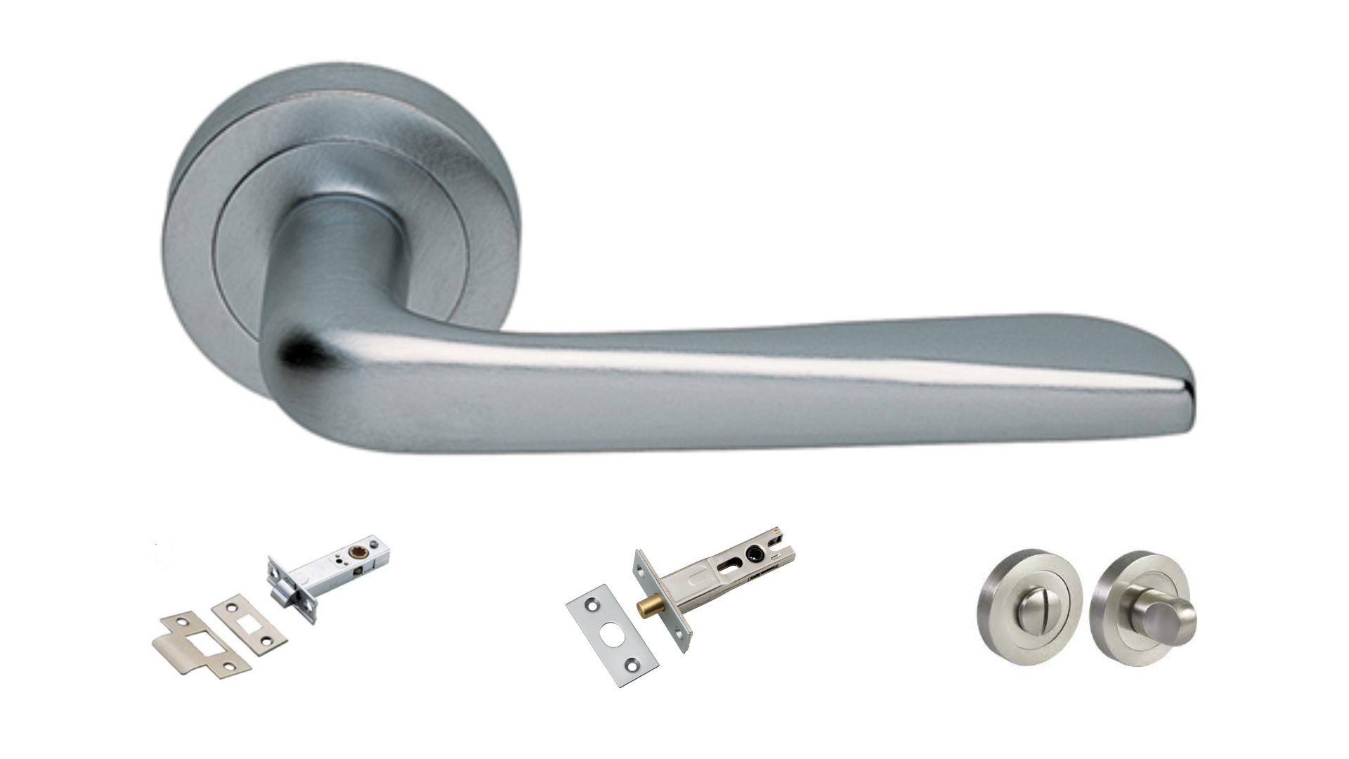 Product picture of the Petra Satin Chrome Door Handle with accessories tubular latch, privacy turn and release, and a privacy bolt on a white background.