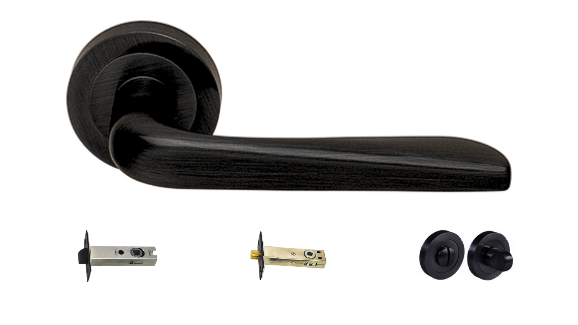 Product picture of the Petra Matt Black Door Handle with accessories tubular latch, privacy turn and release, and a privacy bolt on a white background.