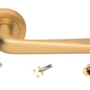 Product picture of the Petra Satin Brass Door Handle with accessories tubular latch, privacy turn and release, and a privacy bolt on a white background.
