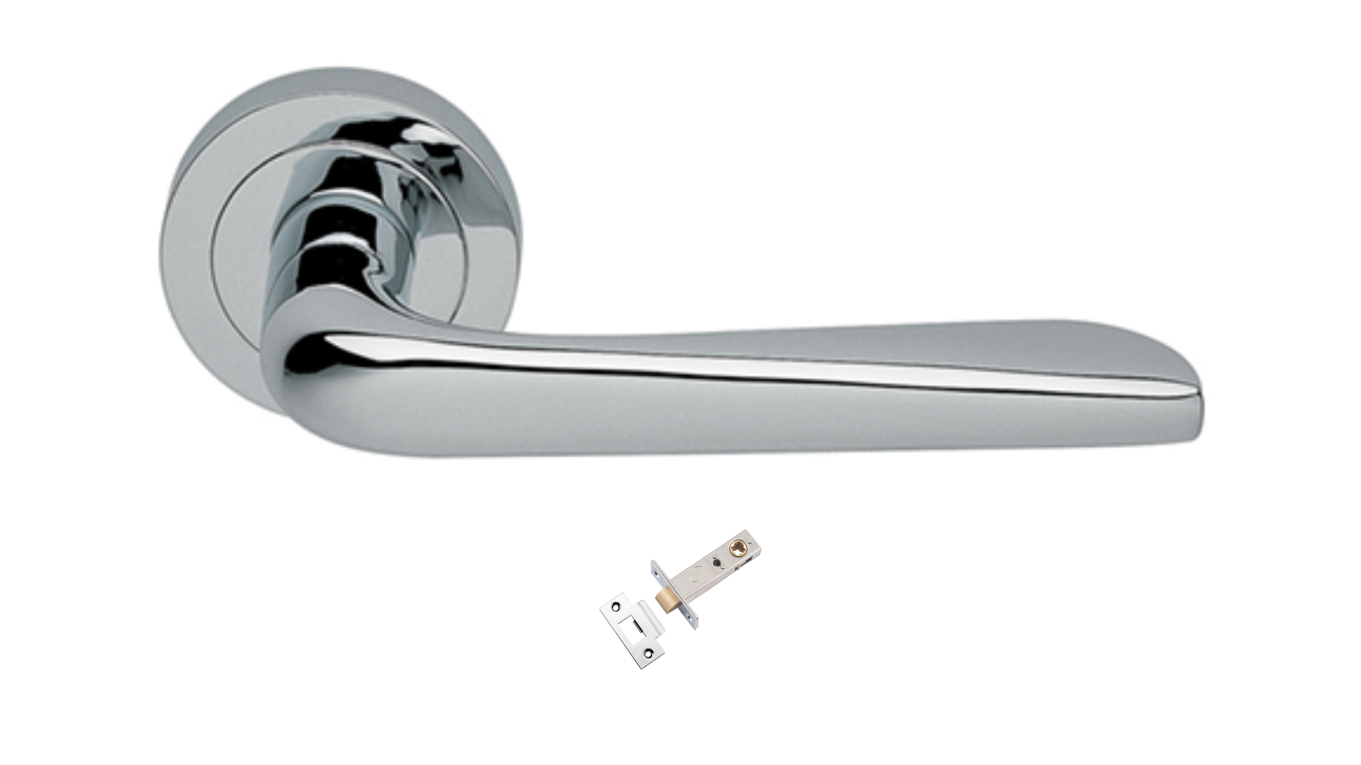 Product picture of the Petra Polished Chrome Door Handle with separate privacy tubular latch on a white background.