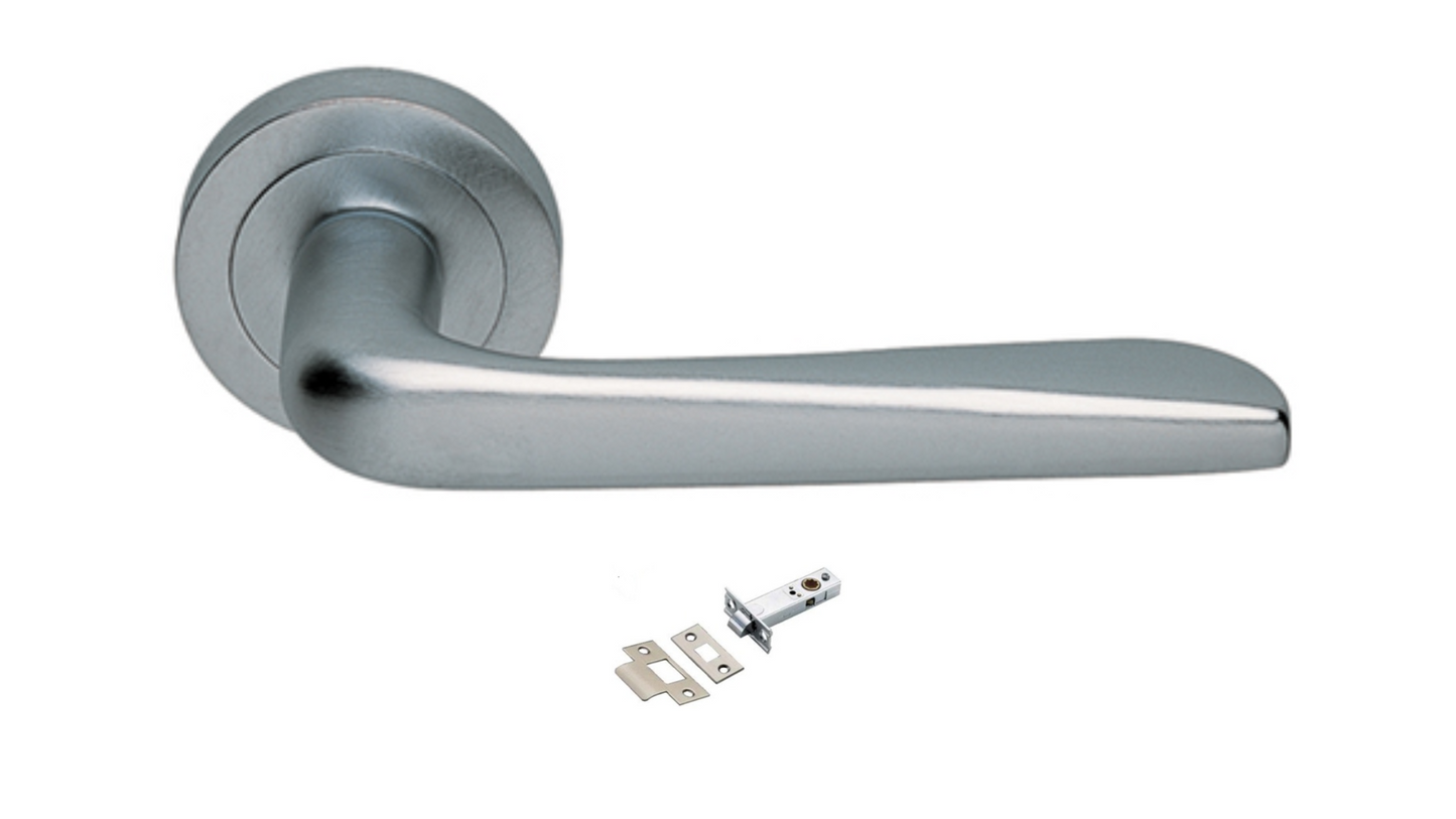 Product picture of the Petra Satin Chrome Door Handle with separate privacy tubular latch on a white background.