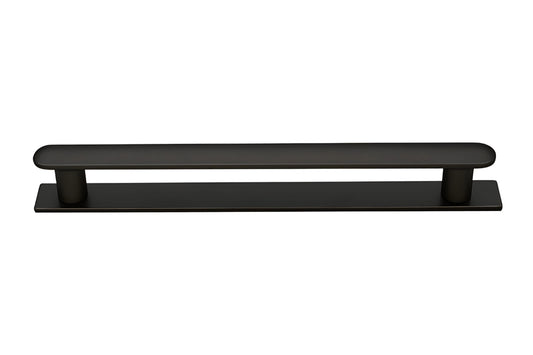 Yarra Matt Black Handle on Backplate – 128mm - modern cabinet handle by Kethy for kitchens, wardrobes, and bathroom joinery.