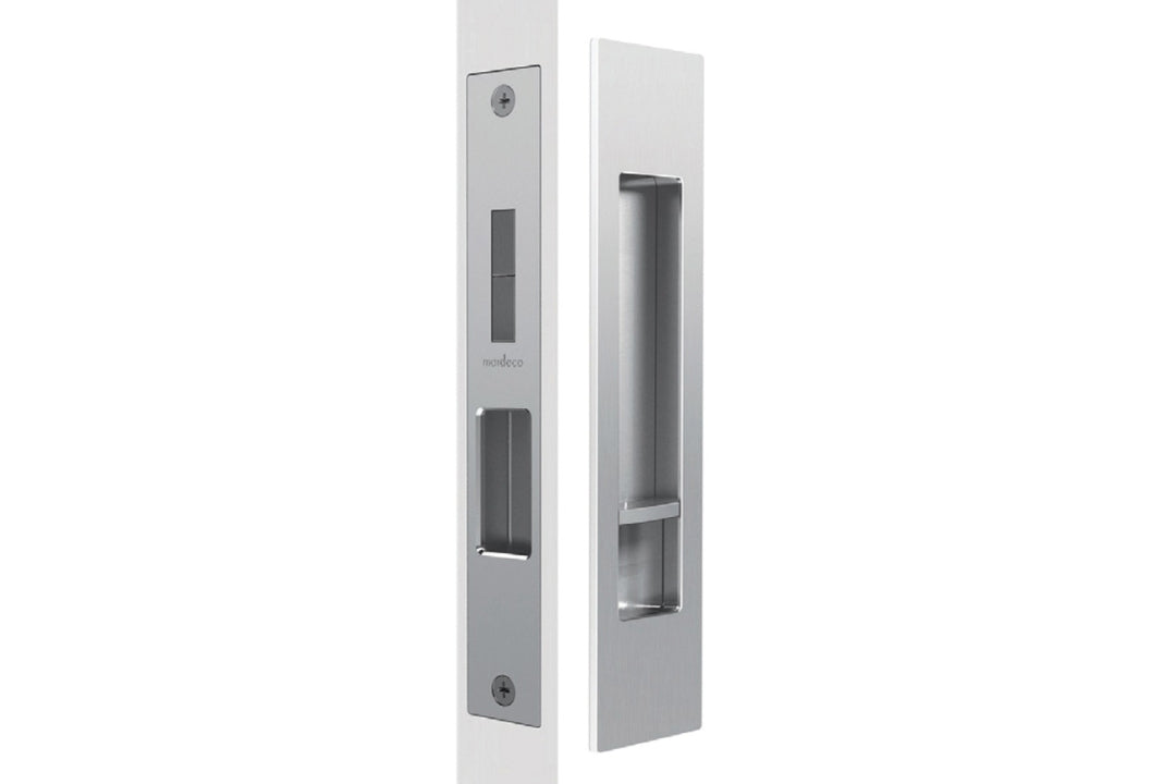 Product picture of the SC8004/SET Satin Chrome Mardeco 'M' Series Cavity Sliding Door Set on a white background.