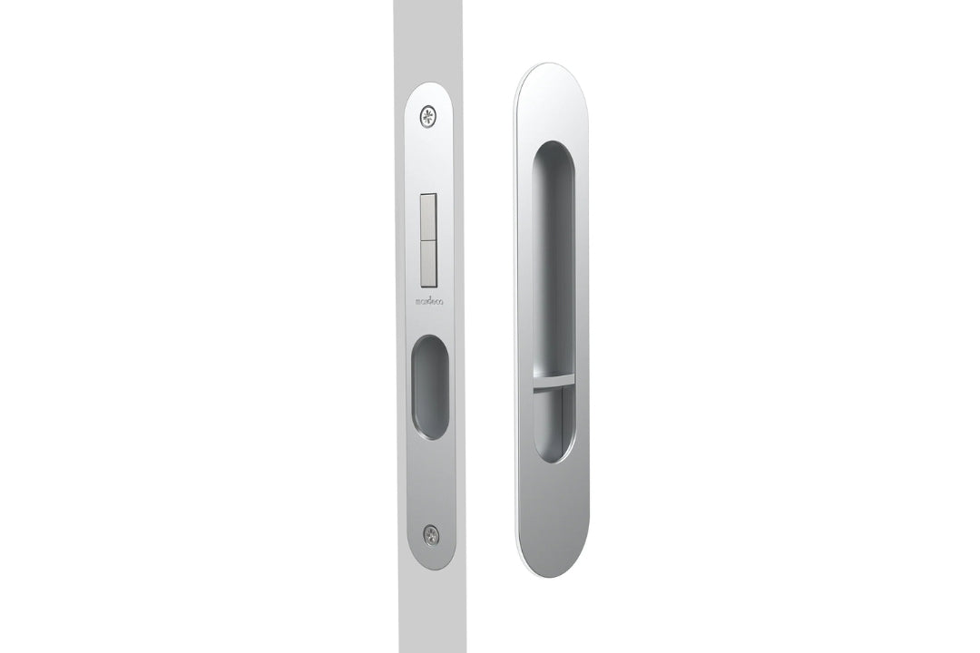 Image of the Satin Chrome Mardeco Radius Edge M Series Flush Pull Privacy Set on a white background.