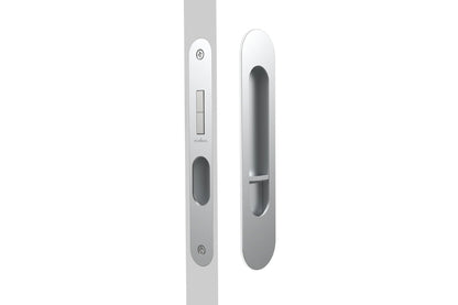 Image of the Satin Chrome Mardeco Radius Edge M Series Flush Pull Privacy Set on a white background.