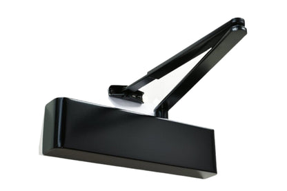 Product picture of the Matt Black Door Closer with Standard Arm on a white background.