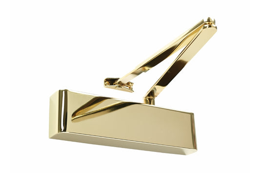 Product picture of the Polished Brass Door Closer with Standard Arm on a white background.