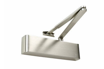 Product picture of the Brushed Nickel Door Closer with Standard Arm on a white background.