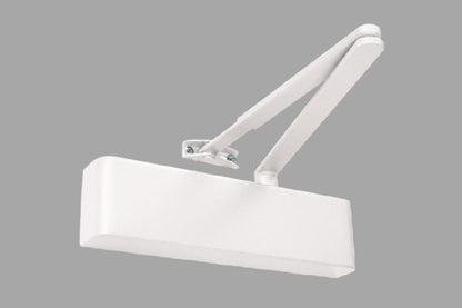 Product picture of the Matt White Door Closer with Standard Arm on a white background.