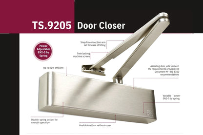 Image with product picture of the TS.9205.SRFB door closer with the features and benefits.