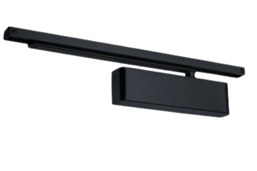 Product picture of the Matt Black Door Closer with Slide Arm on a white background.
