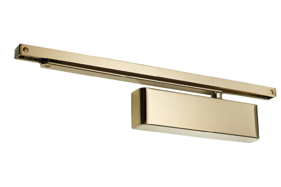 Product picture of the Polished Brass Door Closer with Slide Arm on a white background.