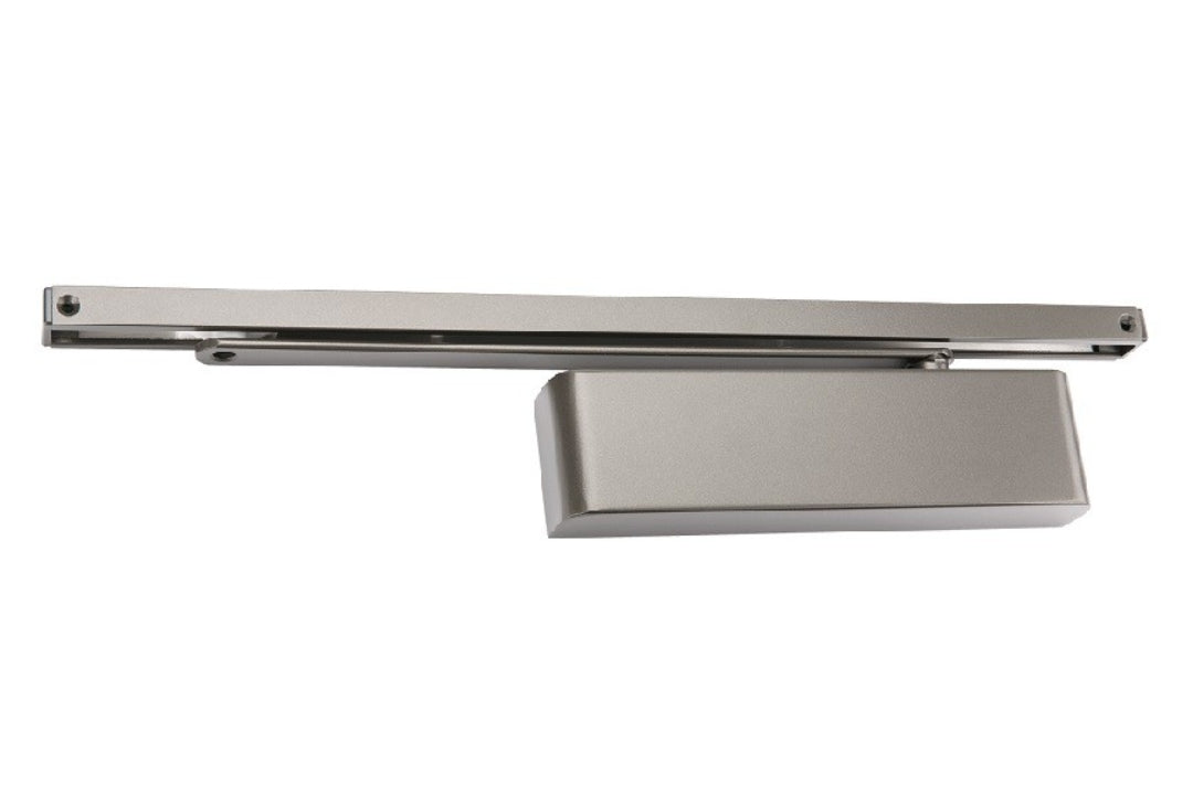 Product picture of the Gun Metal Grey Door Closer with Slide Arm on a white background.