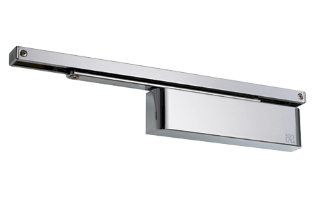 Product picture of the Polished Nickel Door Closer with Slide Arm on a white background.