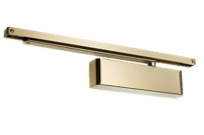 Product picture of the Satin Brass Door Closer with Slide Arm on a white background.