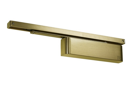 Product picture of the Zanda Door Closer Slide Arm Satin Brass | TS.9205.SRSA.SB on a white background.