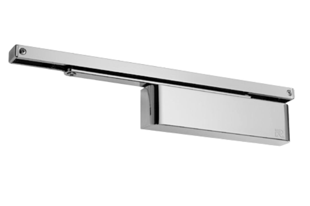 Product picture of the Silver Door Closer with Slide Arm on a white background.