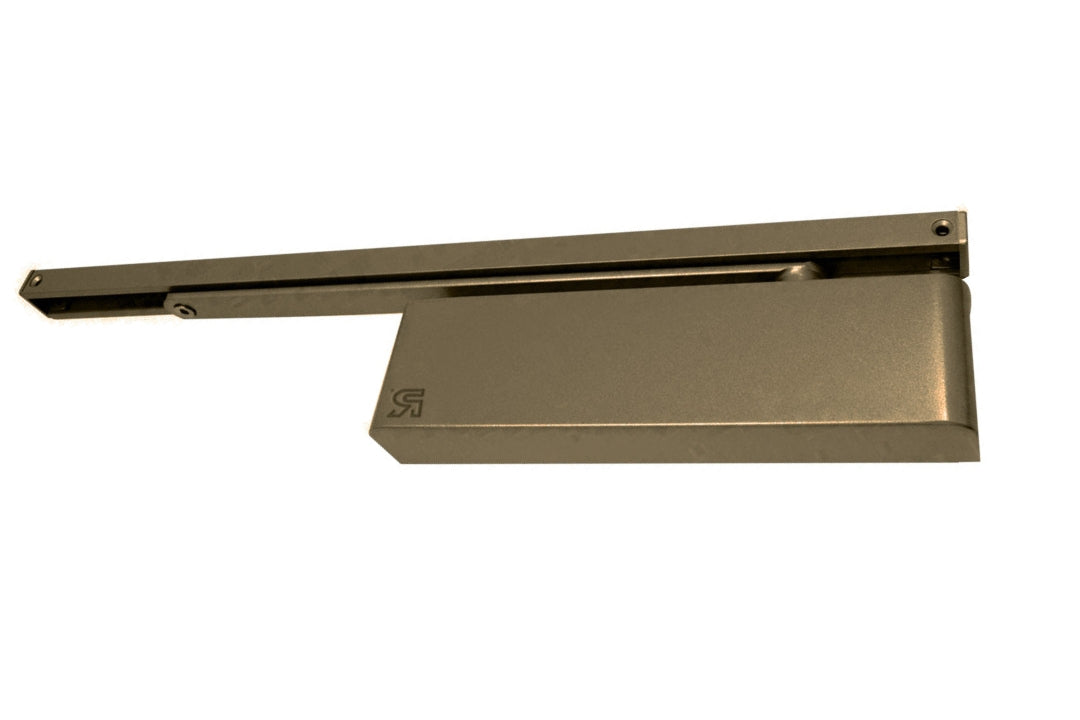 Product picture of the Weathered Bronze Door Closer with Slide Arm on a white background.