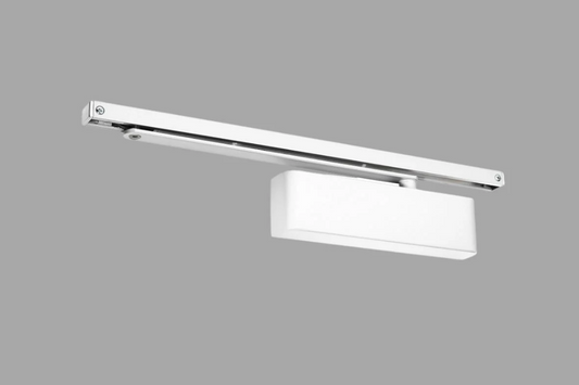 Product picture of the White Door Closer with Slide Arm on a grey and white background.