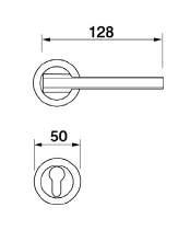 Black line drawing of the blade door handle set and euro escutcheon with measurements.