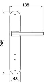 Black line drawing of the Blade door handle on long plate with measurements.