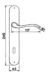 Black line drawing of the Erica door handle on long plate with measurements.